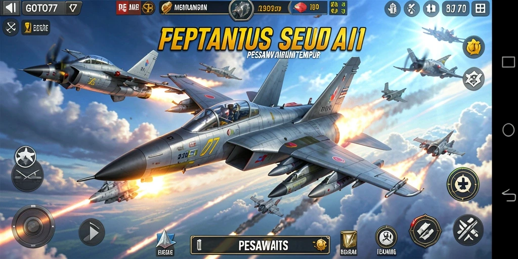 Screenshot dari GOTO77 menampilkan aksi pesawat tempur di langit.