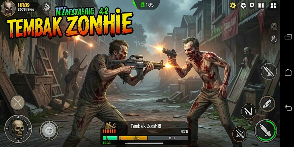 Tampilan antarmuka HR89 menampilkan aksi menembak zombie yang mendebarkan.